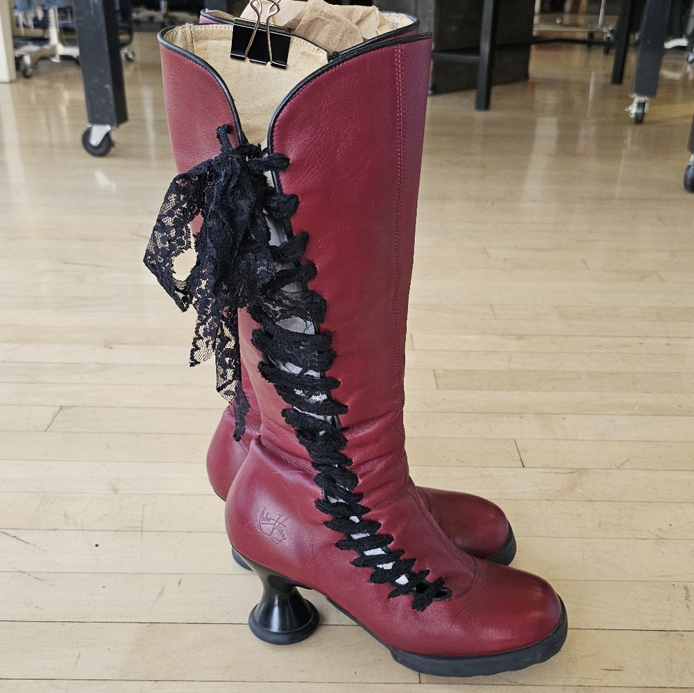 John Fluevog RARE Vintage Y2k Burgundy Red Lace Tall Leather Victorian Boots